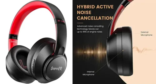 Side angle view of the SuperEQ S1 Bluetooth 5.0 Over Ear Wireless Wired Headset and close u of ear cup